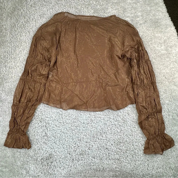 Amanda Uprichard Silk Blouse. Harvest Brown Metallic Gold. Semi Sheer. - Picture 4 of 11